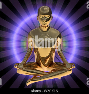 3D-Illustration des Yoga mann abbildung Lotussitz stilisierten goldenen Körper flash Energie strahlen. Friedliche nirvana meditieren Entspannung Symbol. Menschliche mentale Guru Stockfoto