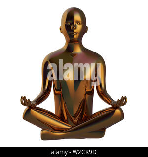 3D-Darstellung der Iron Man Lotussitz stilisierte Abbildung goldene polierte Person. Menschliche mentale guru Charakter glänzend. Wie friedliche Nirvana symbol Zen Stockfoto