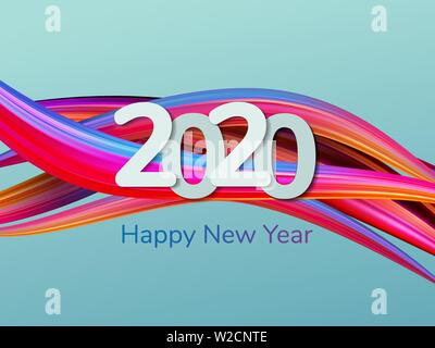 2020 Frohes Neues Jahr Hintergrund. Mehrfarbige Acryl Pinsel. Flüssige Hintergrund mit Wave Formen in Regenbogenfarben. Abstraktion für Design. Vektor Stock Vektor