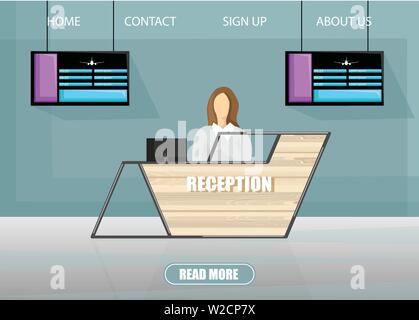Air Company Travel Seite Vector template Flat Style. Home Page mit Rezeptionist Layouts. Buchung von Flügen und weitere Informationen Stock Vektor