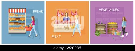 Brot, Fleisch und Gemüse steht shopping Vector Flat Style Stock Vektor