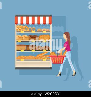 Frau Shopping Bäckerei Vector Flat Style. Frische Produkte Abbildung Stock Vektor