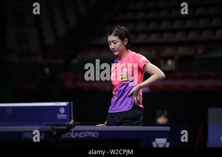 Chen Meng von der China reagiert, als sie sich gegen Miu Hirano von Japan in die achte konkurriert - Finale der Frauen singles während der SHINHAN Bank Korea geöffnet der Seamaster 2019 ITTF World Tour in Busan, Südkorea, 5. Juli 2019. Chen Meng besiegt Miu Hirano 4-2 (11-5, 11-3, 11-7, 7-11, 4-11, 11-8). Stockfoto