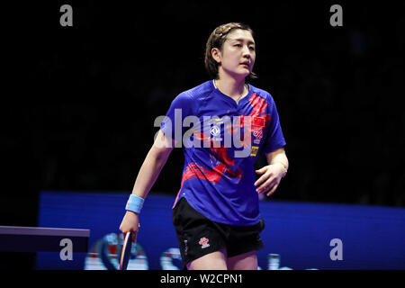 Chen Meng von der China reagiert, als sie sich gegen Ding Ning China im Finale der Frauen Singles konkurriert während der SHINHAN Bank Korea geöffnet der Seamaster 2019 ITTF World Tour in Busan, Südkorea, 7. Juli 2019. Chen Meng besiegt Ding Ning 4-1 (11-5, 11-6, 11-5, 7-11, 11-9). Stockfoto