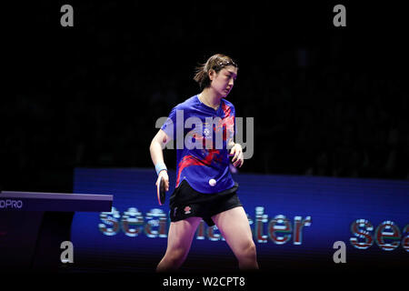 Chen Meng von der China reagiert, als sie sich gegen Ding Ning China im Finale der Frauen Singles konkurriert während der SHINHAN Bank Korea geöffnet der Seamaster 2019 ITTF World Tour in Busan, Südkorea, 7. Juli 2019. Chen Meng besiegt Ding Ning 4-1 (11-5, 11-6, 11-5, 7-11, 11-9). Stockfoto