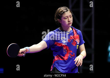 Chen Meng von der China reagiert, als sie sich gegen Ding Ning China im Finale der Frauen Singles konkurriert während der SHINHAN Bank Korea geöffnet der Seamaster 2019 ITTF World Tour in Busan, Südkorea, 7. Juli 2019. Chen Meng besiegt Ding Ning 4-1 (11-5, 11-6, 11-5, 7-11, 11-9). Stockfoto