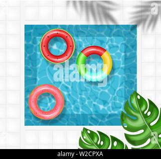 Sommer Pool und Leben ring Vektor realistisch. Kommerzielle banner Verkauf Vorlage. 3d detaillierte Wasser Hintergrund Stock Vektor