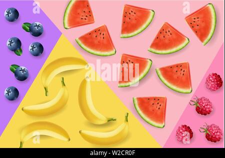 Wassermelonen, Bananen und Berry abstraktes Muster Vektor realistisch. 3d detaillierte Früchte Textur Stock Vektor