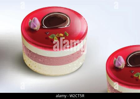 Berry Kuchen mousse Vektor realistisch. Süße Desserts mit Erdbeeren und Blumen Stock Vektor