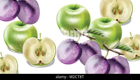 Sommer Früchte Vektor aquarell Muster Hintergrund. Äpfel, Pflaumen und Trauben Abbildung Stock Vektor