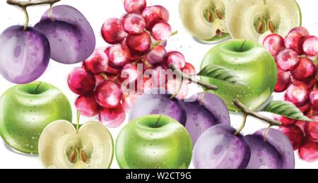Sommer Früchte Vektor aquarell Muster Hintergrund. Äpfel, Pflaumen und Trauben Abbildung Stock Vektor