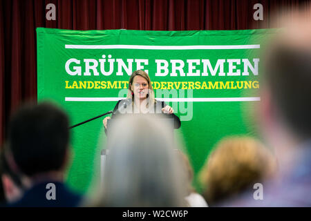 Bremen, Deutschland. 06 Juli, 2019. Maike Schaefer (Bündnis 90/Die Grünen in Bremen), die von ihrer Partei als Senator für Umwelt, Bau und Verkehr vorgeschlagen, spricht auf dem Parteitag der Gruenen in Bremen. Credit: mohssen Assanimoghaddam/dpa/Alamy leben Nachrichten Stockfoto