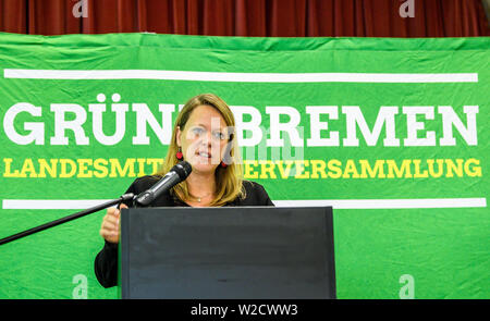 Bremen, Deutschland. 06 Juli, 2019. Maike Schaefer (Bündnis 90/Die Grünen in Bremen), die von ihrer Partei als Senator für Umwelt, Bau und Verkehr vorgeschlagen, spricht auf dem Parteitag der Gruenen in Bremen. Credit: mohssen Assanimoghaddam/dpa/Alamy leben Nachrichten Stockfoto