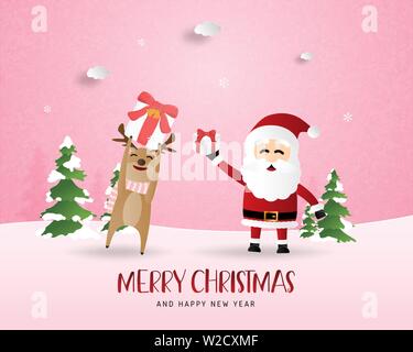Frohe Weihnachten und guten Rutsch ins neue Jahr Grußkarte in Papier schneiden Stil. Vector Illustration Weihnachtsfeier Hintergrund mit glücklichen Rentiere und Sant Stock Vektor