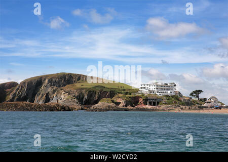 Burgh Island vor der Südküste von Devon, UK in Bigbury Bay, zeigt die Art Deco '20 s Hotel und die Sardelle, Inn Stockfoto