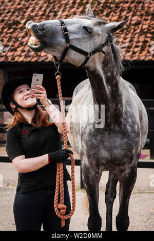 Stephanie Callen Der redwings Horse Sanctuary in Hampton, Norfolk mit pensionierten Rennpferd, "Nobby" mit ihrem Apple iPhone die Klänge der Pferde für ein Projekt ein Archiv für die Verwendung in Filmen, Radio und TV zu erstellen. Inspiriert durch die ÒWilhelm ScreamÓ C der Sound Effekt einer horseÕs wiehern, dass ein Witz in Hollywood geworden ist, die sich in Filmen von Star Wars bis Indiana Jones zu Disney Filme und mehr C zwei Unternehmen verwendet worden, haben sich zusammengetan, um ihn zu ersetzen. Soziales Netzwerk und app Equilab und Sound Library De Wolfe Musik, Sound für Filme wie Brokeback Mountain und Ame geliefert hat Stockfoto