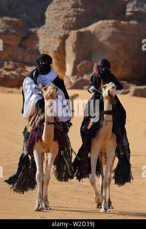 Beduine reitet auf Kamel durch sandige Wüste. Stockfoto