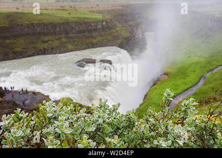 Gullfoss Wasserfall, Natur, isländischen Sommer Landschaft. Einen malerischen Blick von oben auf die fallenden Wasser in der Schlucht des Flusses Hvita, im Südwesten von Island. Außend Stockfoto