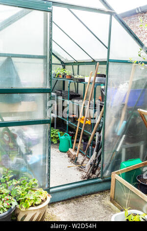 Durch eine offene Tür Gewächshaus Garten Werkzeuge und Anlagen zu sehen. Stockfoto
