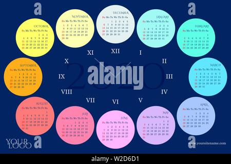 Wandkalender 2020 in Form einer Zifferblatt mit Rainbow Monate, Tage der Woche, römische Ziffern. Woche beginnt am Sonntag. Sonntags in Rot hervorgehoben. Stock Vektor