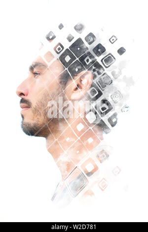 Paintography. Double Exposure Profil Porträt eines Mannes mit starken Features mit handgefertigten Malerei mit Symbolen und Rauten kombiniert Stockfoto