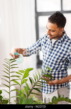 Indische Mann spritzen Zimmerpflanze mit Wasser zu Hause Stockfoto