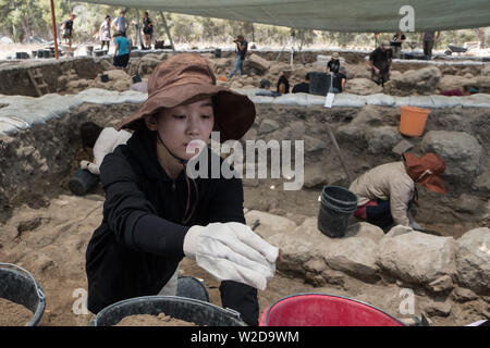 Kiryat Gat, Israel. 8. Juli, 2019. Israelische, australischen und Südkoreanischen freiwillige Helfer unter der Leitung von Prof. Yosef Garfinkel, der Hebräischen Universität und Prof. Kyle Keimer der Macquarie University in Sydney, Australien, Schachten auf der Website von Khirbet ein Rai in der juda Voralpen, zwischen Kiryat Gat und Lachisch. Credit: Nir Alon/Alamy Live News Credit: Nir Alon/Alamy leben Nachrichten Stockfoto