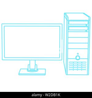 Kontur des Computers. Monitor und das System an. Vorderansicht. Vector Illustration Stock Vektor