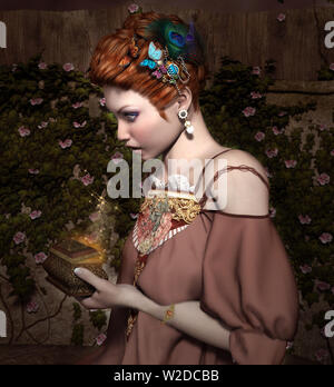 Porträt einer Fantasy schöne Frau mit einem magic box Stockfoto