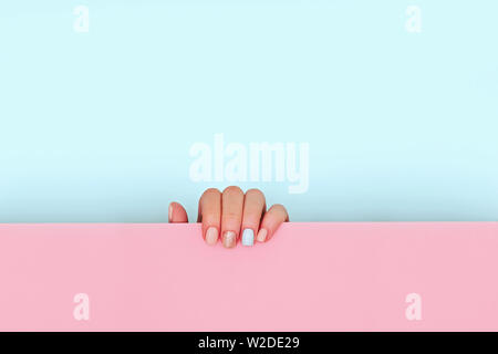 Hand mit Maniküre Holding blau und rosa Hintergrund. Stockfoto