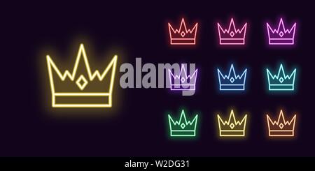 Neon Krone Symbol, Königreich. Satz von glühenden königliche Kronen in Neon style mit transparenten Hintergrundbeleuchtung. Vektor Silhouette, rot rosa lila violett blau Azure g Stock Vektor
