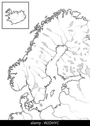 Karte der skandinavischen Länder: Skandinavien, Schweden, Norwegen, Finnland, Lappland, Karelien, Baltia, Dänemark und Island [Einfügen]. Geographische karte. Stockfoto