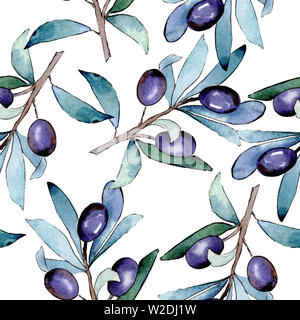 Olive Branch mit schwarzen Früchte. Aquarell Hintergrund Abbildung. Nahtlose Muster. Stockfoto