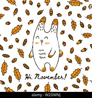 Cute Herbst Hand zeichnen Kaninchen auf die nahtlose Muster von Acorn Blätter und Kegel. Vector Hintergrund Hase im Wald mit der Aufschrift Hi November Stock Vektor