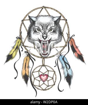 Ethnische totem von Wolf und Dreamcatcher im Tattoo Style. Vector Illustration Stock Vektor