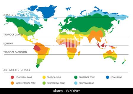 Welt Klima Zonen Karte mit Äquator und Tropic Linien. Vector Illustration Stock Vektor