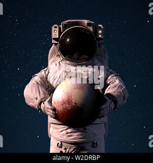 Astronaut holding Zwergplaneten Pluto, Welt der Solar System (3D-Illustration, Elemente dieses Bild sind von der NASA ausgestattet) Stockfoto