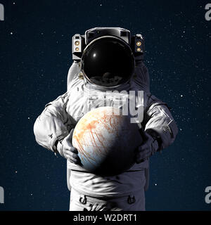 Astronaut halten der Planet Jupiter mond Europa, Welt der Solar System (3D-Illustration, Elemente dieses Bild sind von der NASA ausgestattet) Stockfoto