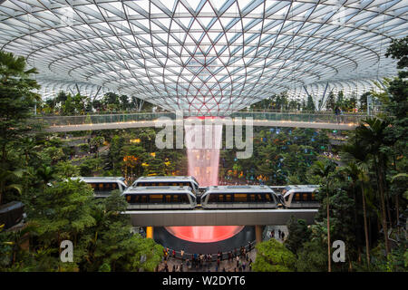Blick auf die urbane Umgebung und Waldpflanzen im Jewel Changi Airport, Singapur. Stockfoto