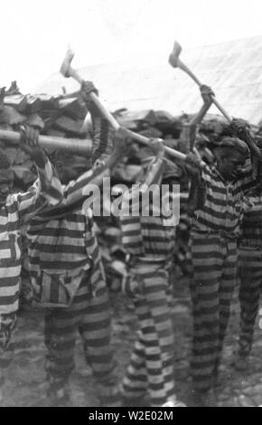 Afrikanische amerikanische Sträflinge arbeiten mit Achsen und Gesang in Holzplatz, Reed Camp, South Carolina Ca. 1934 Stockfoto