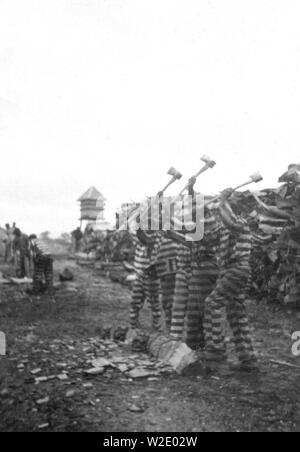 Afrikanische amerikanische Sträflinge arbeiten mit Achsen, Wachturm im Hintergrund, Reed Camp, South Carolina Ca. 1934 Stockfoto