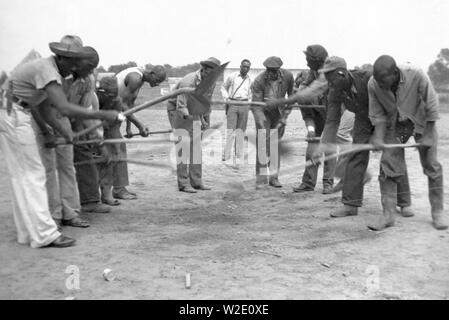 Afrikanische amerikanische Sträflinge arbeiten mit Schaufeln, möglicherweise die Sängerinnen und Sänger von "Rock Island Line" bei Cummins State Farm, Gould, Arkansas, 1934 Stockfoto