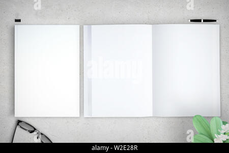 Buchen Sie Seiten und Abdeckung 3D Rendering mockup Draufsicht Stockfoto