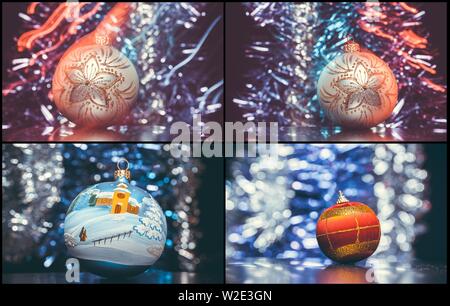 Weihnachten Kugeln leuchten Hintergrund. Collage Stockfoto