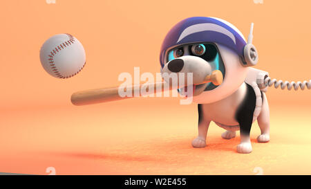 Welpe Hund im Raumanzug Baseball spielen auf dem Mars, 3d-Grafik rendern Stockfoto