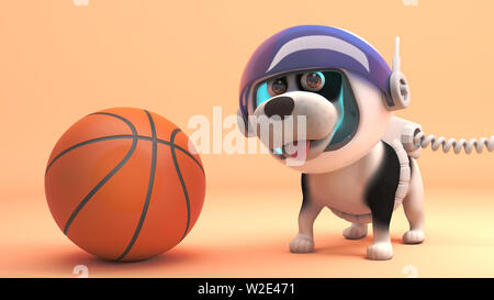Cooler Hund im Raumanzug Mars erforscht und entdeckt, Basketball, 3d-Grafik rendern Stockfoto
