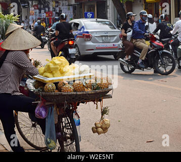 Hanoi, Vietnam, 31. März 2019: eine Frau trägt Früchte in Körben zu Ihrem Fahrrad in Hanoi, Vietnam gegurtet Stockfoto