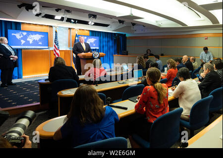 Washington, United States. 08 Juli, 2019. Us-Staatssekretär Mike Pompeo sprechen an das State Department in Washington, DC. Credit: SOPA Images Limited/Alamy leben Nachrichten Stockfoto