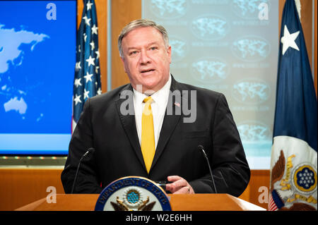 Washington, United States. 08 Juli, 2019. Us-Staatssekretär Mike Pompeo sprechen an das State Department in Washington, DC. Credit: SOPA Images Limited/Alamy leben Nachrichten Stockfoto