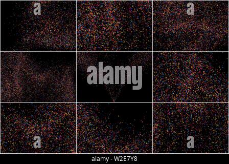 Eingestellt von bunten Textur isoliert auf Schwarz. Bunte Explosion von Konfetti. Celebratory Hintergrund. Flaches Design Element. Vector Illustration, EPS 1. Stock Vektor